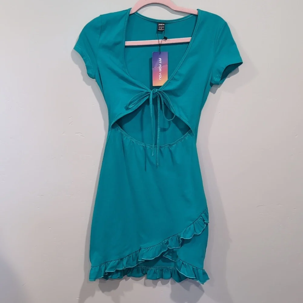 SHEIN Teal Cut Our Front Tie Bust Short Sleeve Ruffle Hem Mini Dress Size Small